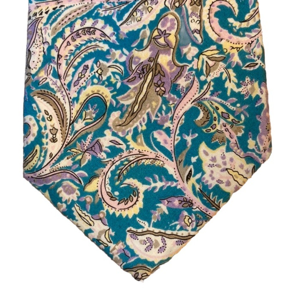 Classic Bohemian Mens Paisley Silk Necktie Turquoise Lavender Pink Retro 60s 70s